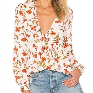 Lovers and Friends Hermosa Top Palm Print Red Floral Cream Tie Button Size Small